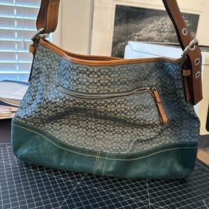 Coach Signature Blue Shoulder Bag F0785-F10945 Leather Trim Medium Size Purse